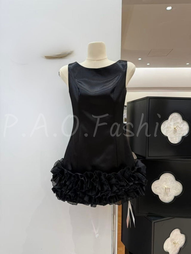 Satin Ruffle Sleeveless Mini Dress