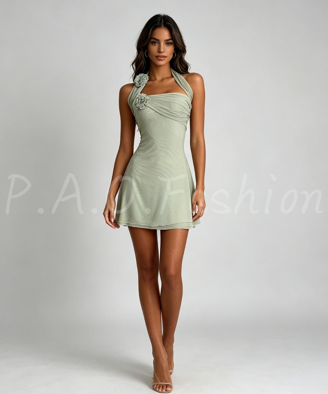 3D Floral Mesh Halter Mini Dress[Available Now]
