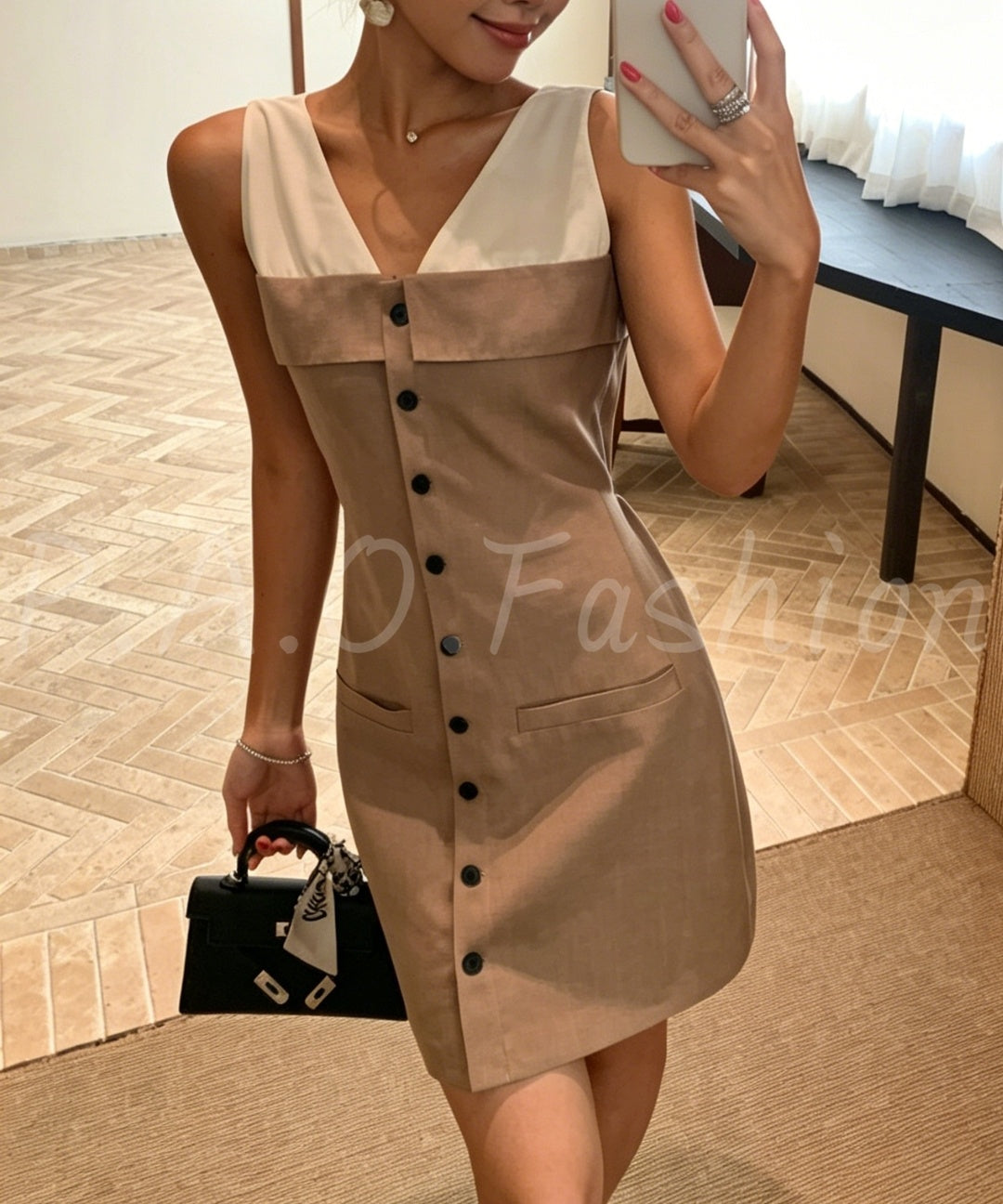 Colorblock V-Neck Linen Blend Sleeveless Mini Dress
