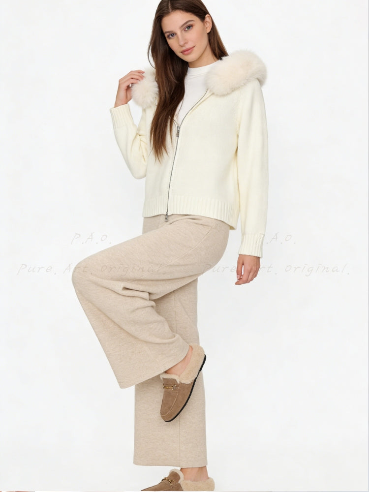 Large Faux Fox Fur Hooded Zip-Up Cardigan