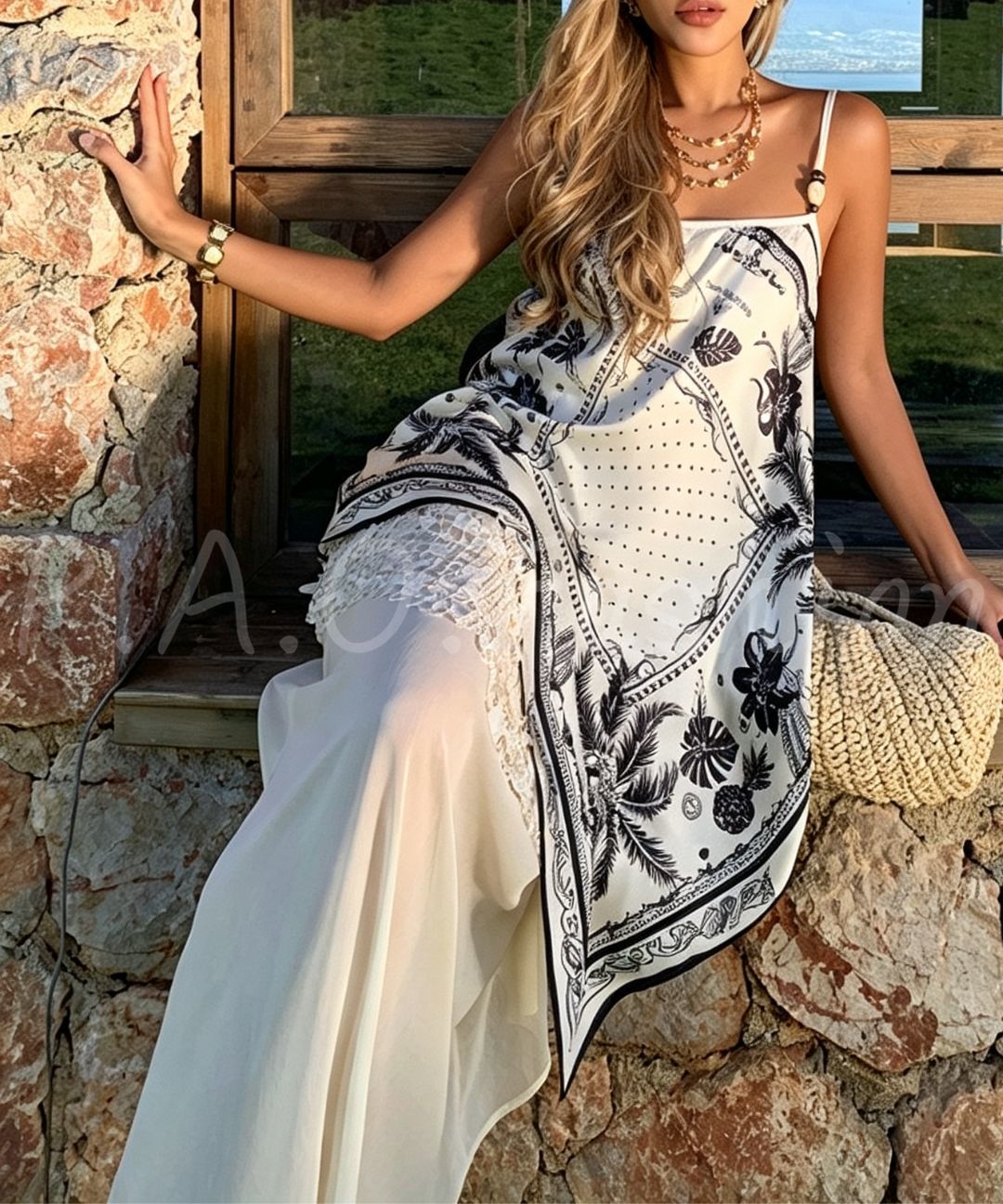 Tropical Palm Print Sequin Patchwork Strappy Resort Maxi Dress