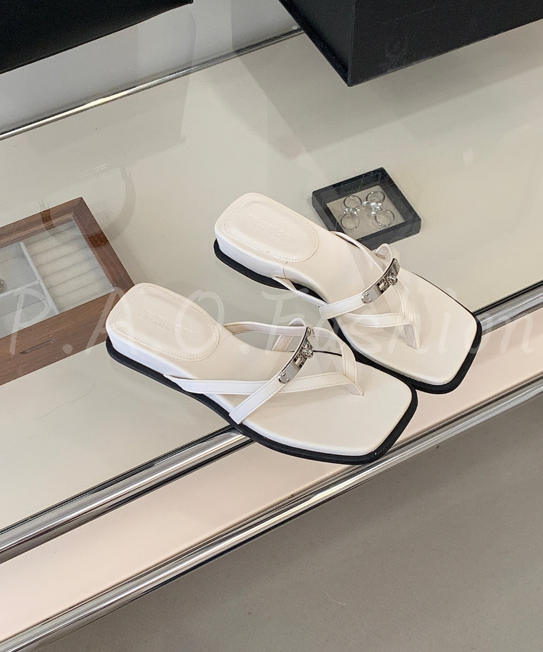 Square Toe Thong Sandals with Metal Detail
