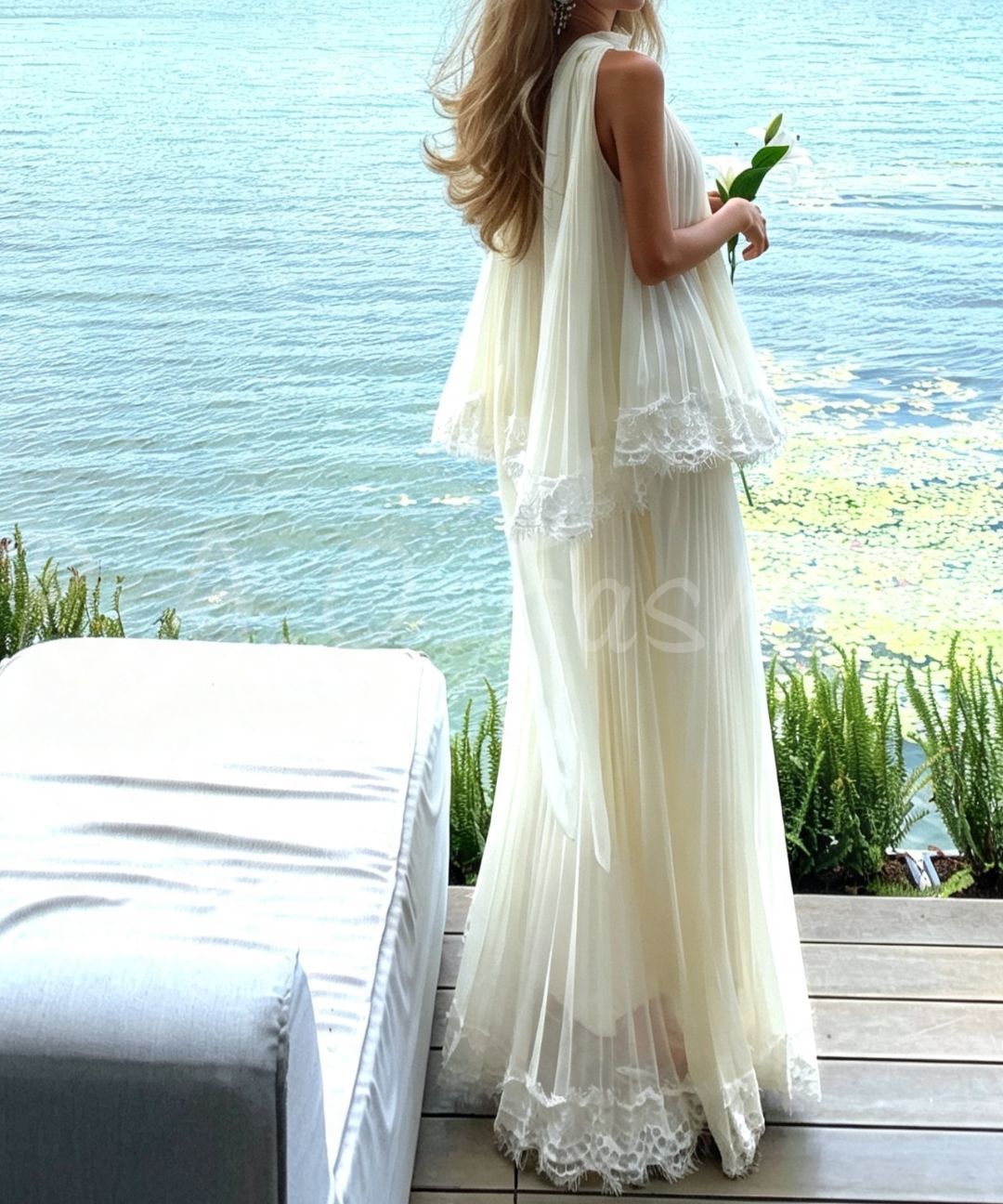 Halter Pleated Lace Maxi Skirt Two-Piece Set