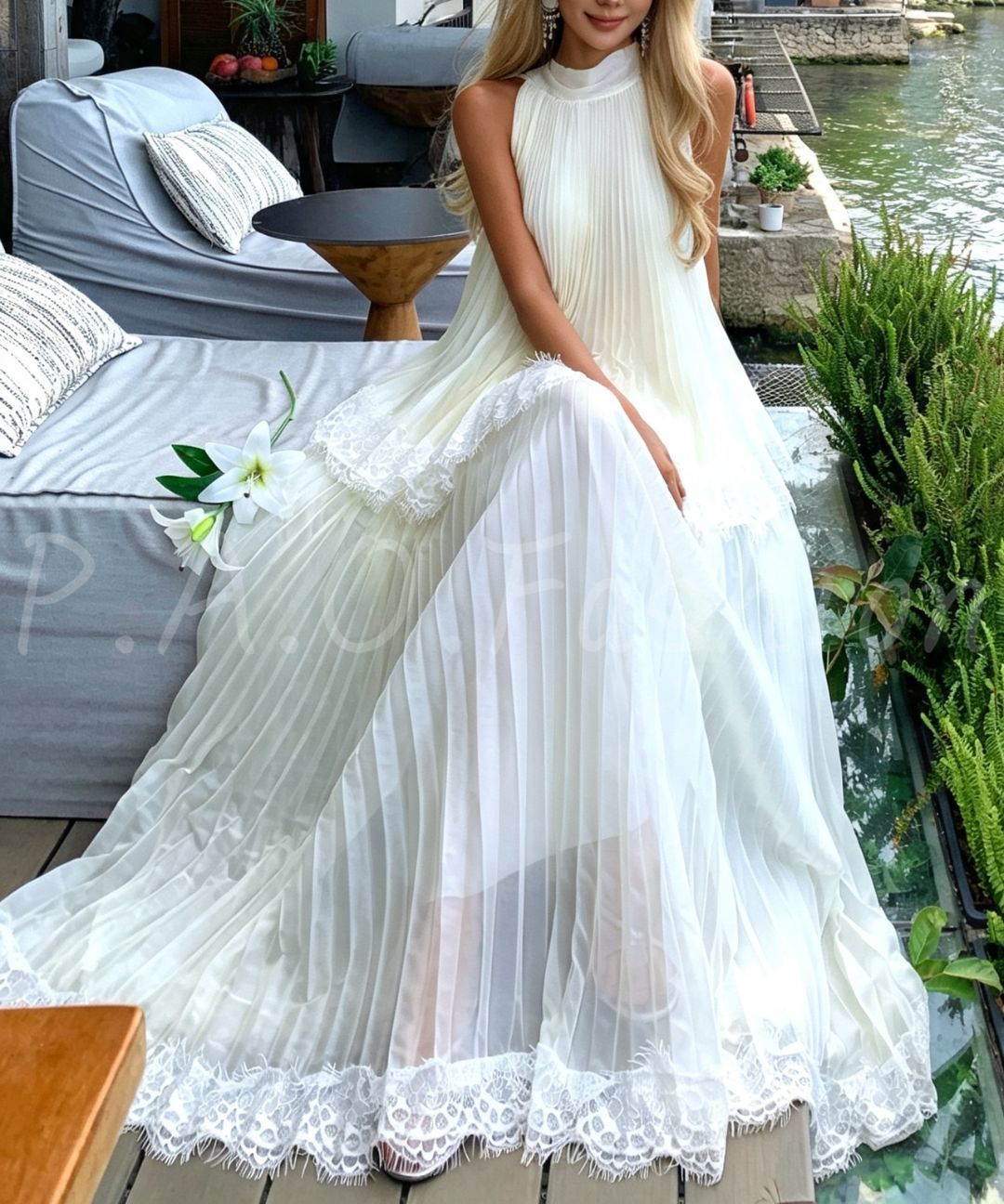 Halter Pleated Lace Maxi Skirt Two-Piece Set