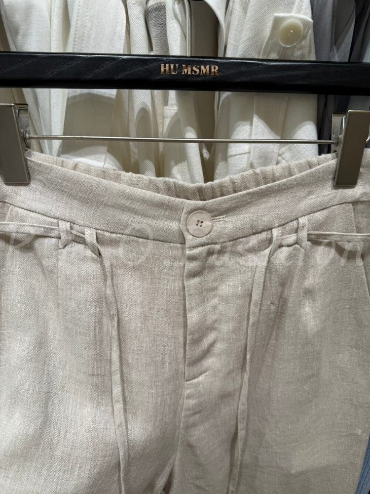 French Relaxed Linen Drawstring Wide-Leg Pants