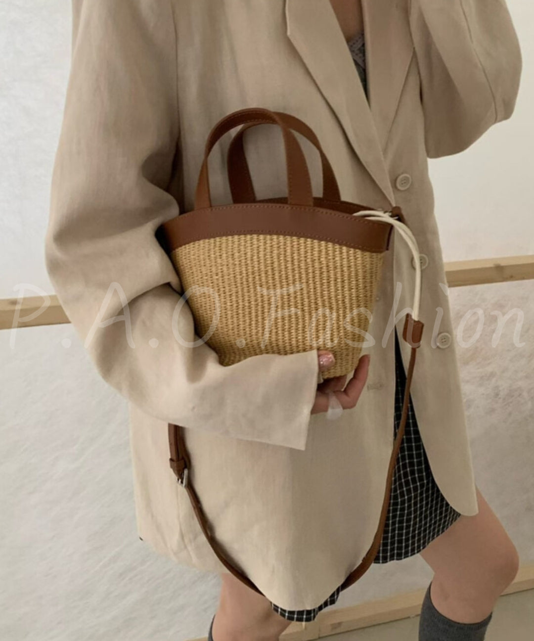Straw & Leather Crossbody Bucket Bag