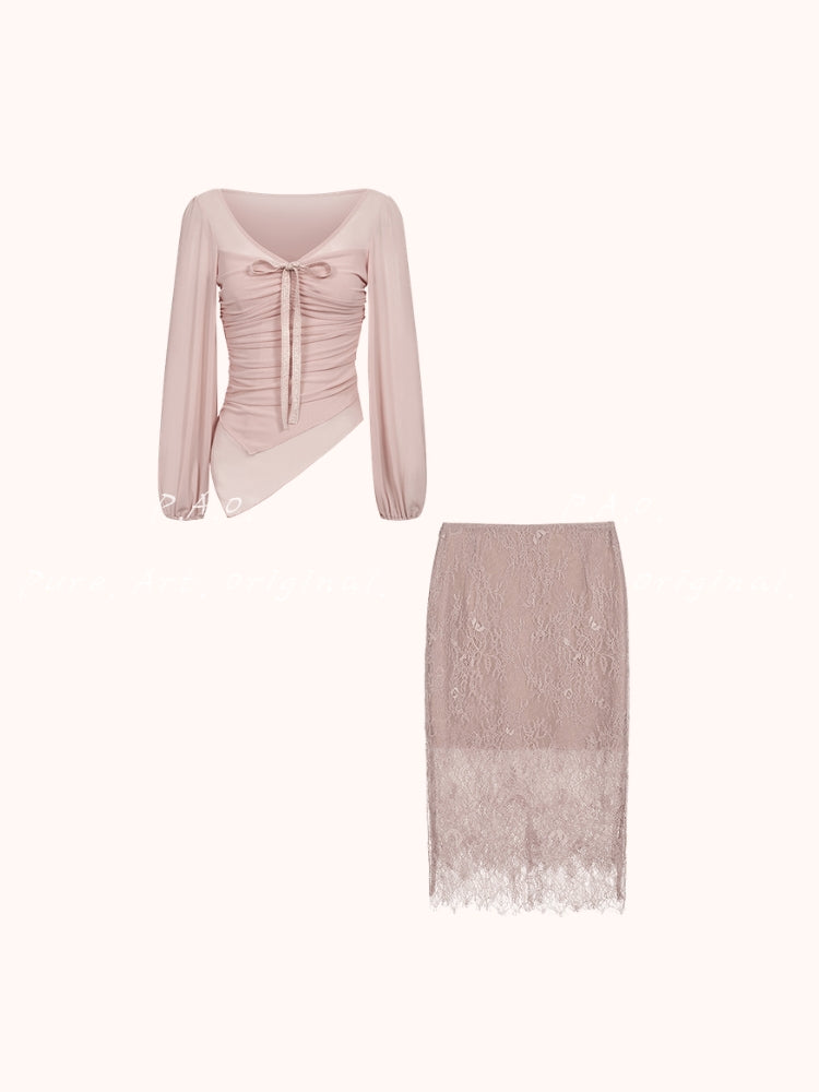V-Neck Mesh Lace Skirt Set