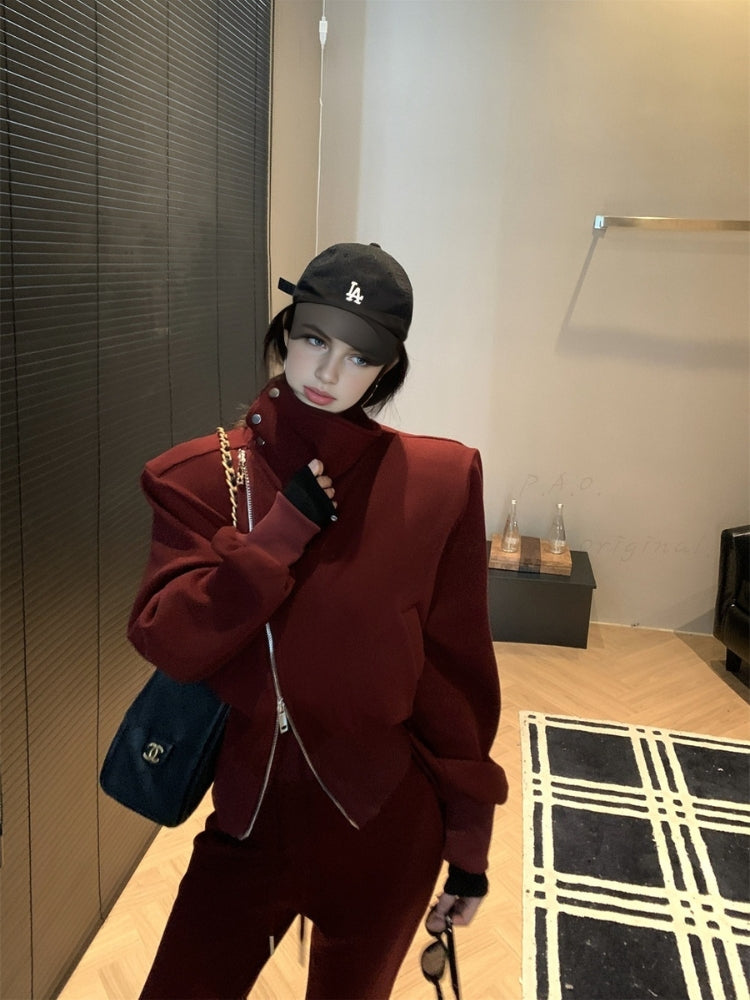 Slim-Fit Asymmetrical Zip Mock Neck Sweatshirt & Flared Pants Set