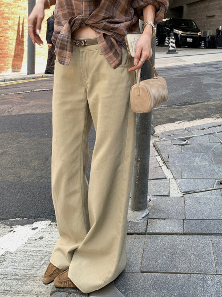 Light Khaki Straight-Leg Casual Flared Pants