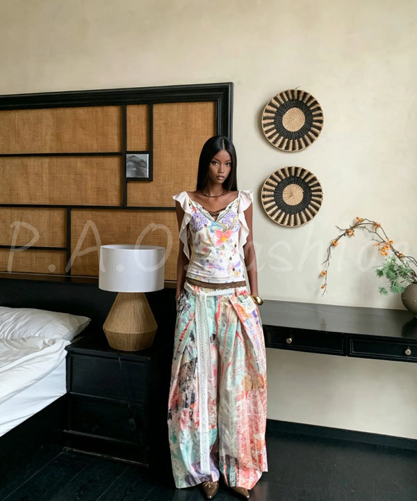 French Hand-Painted Floral Cami & Wide-Leg Pants Set