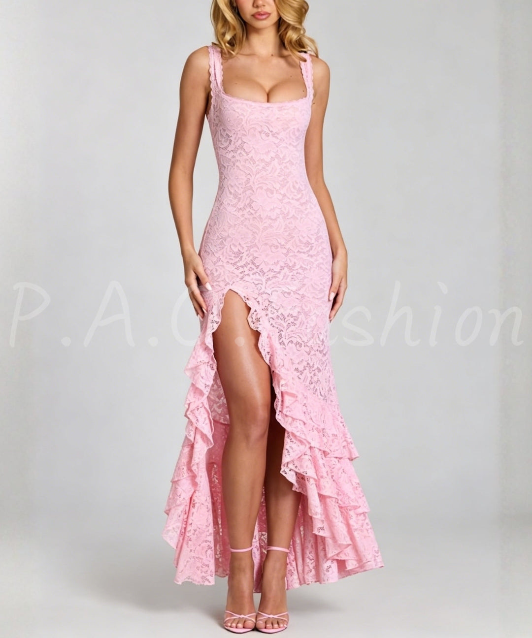 Lace Ruffle Slit Maxi Dress[Available Now]