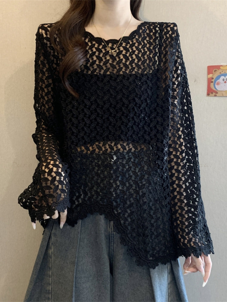 Sequin Lace Sheer Long Sleeve Cover-Up