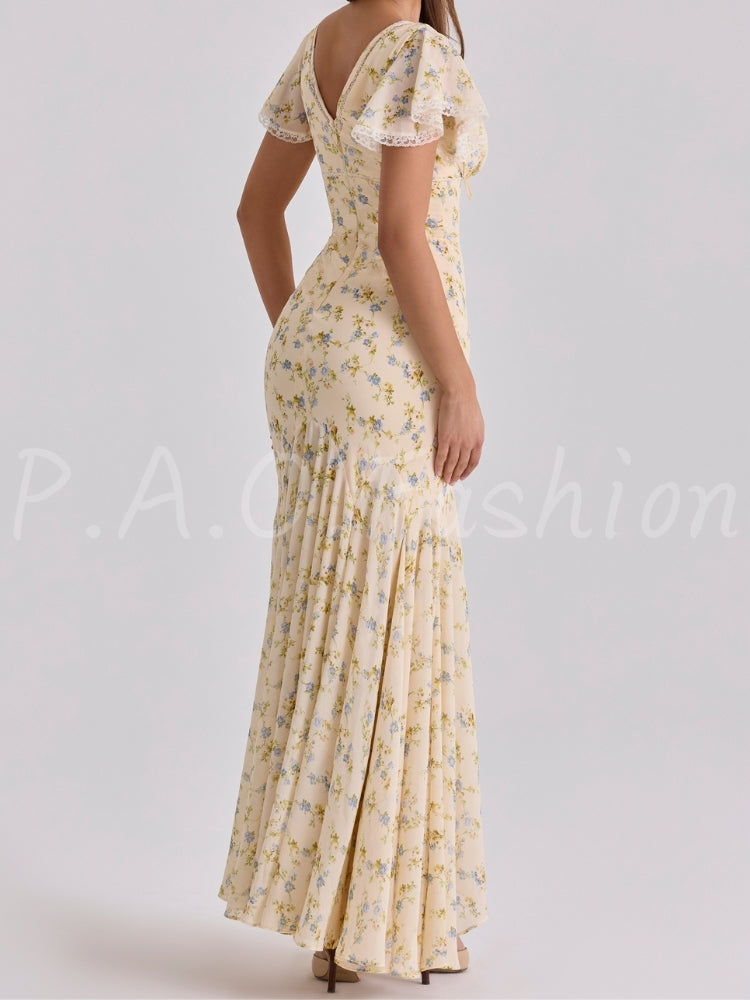 Floral Lace Trim Mermaid Maxi Dress