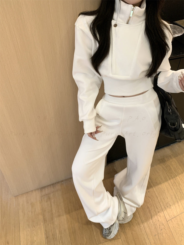 Cinched Waist Half-Zip Mock Neck Sweatshirt & Wide-Leg Pants Set