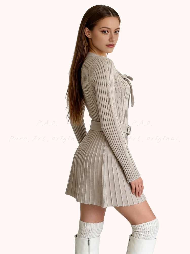 Autumn Grace – Bow Knit & Pleated Skirt Set