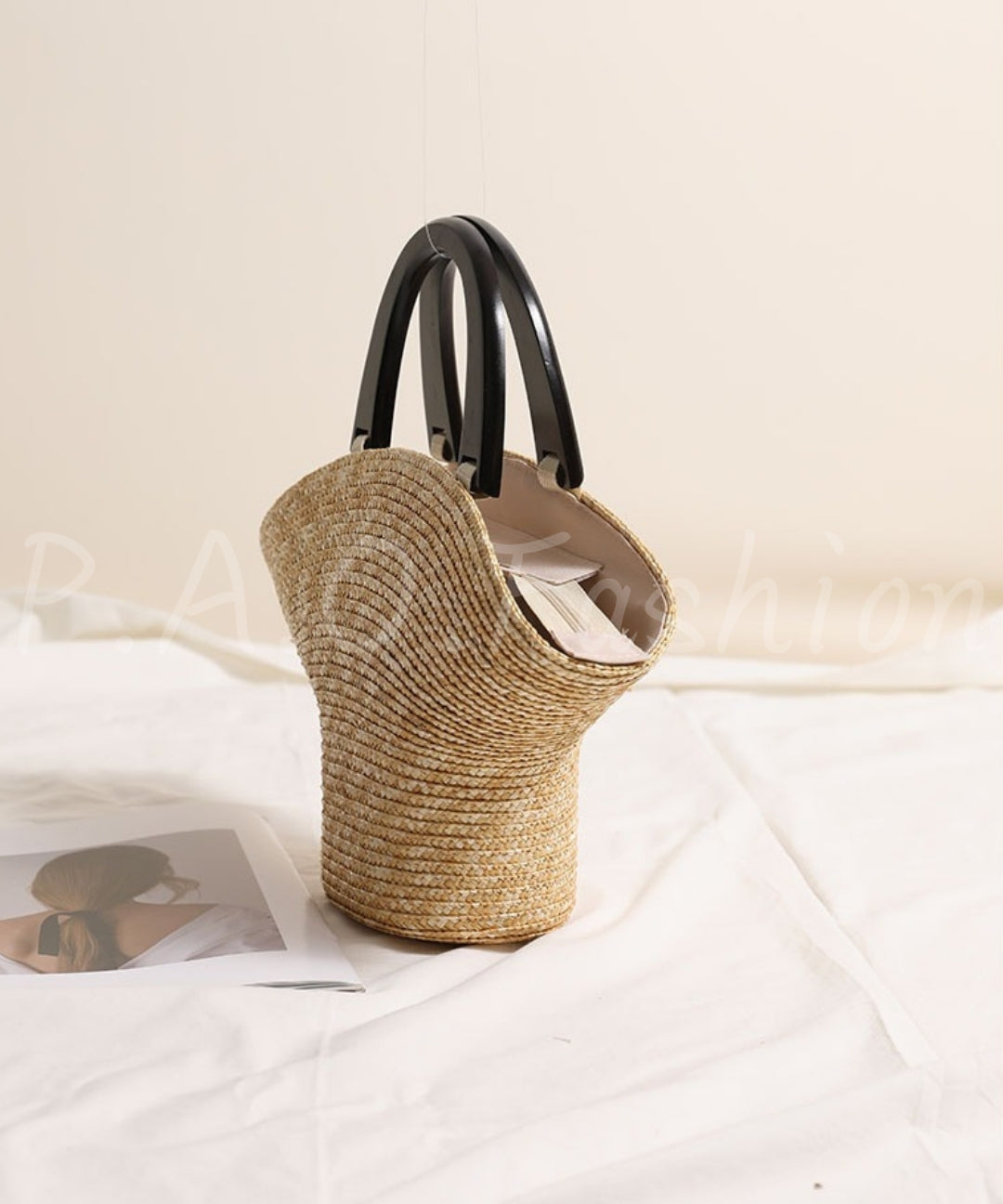 Wooden Handle Straw Tote Bag