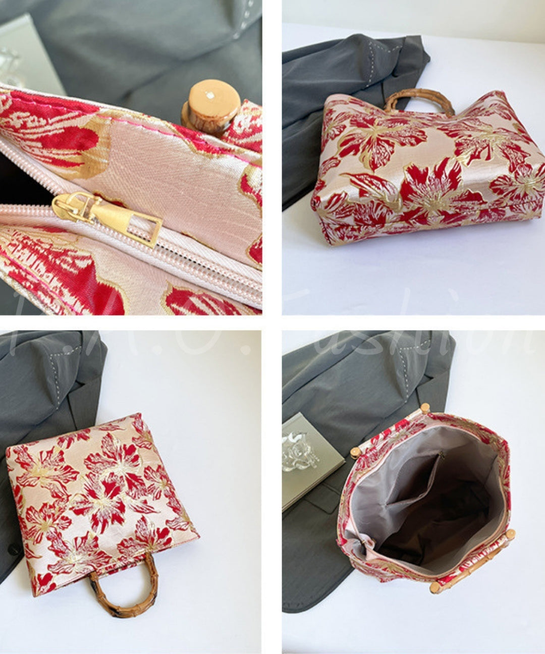 Floral Jacquard Bamboo Handle Tote Bag