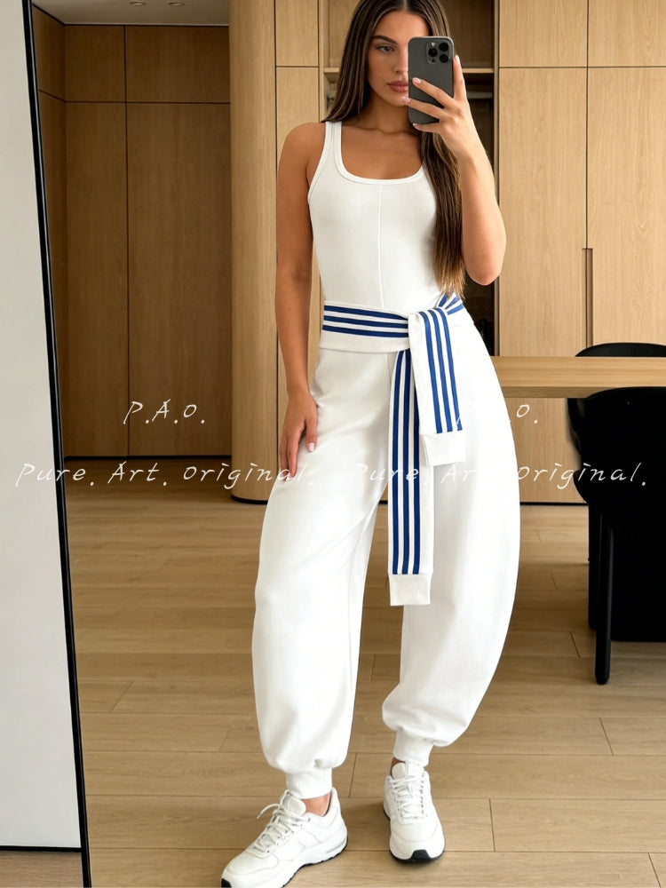 U‑Neck Contrast Striped Tie‑Up Zipper Barrel Jumpsuit
