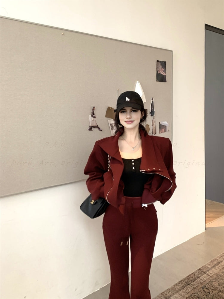 Slim-Fit Asymmetrical Zip Mock Neck Sweatshirt & Flared Pants Set