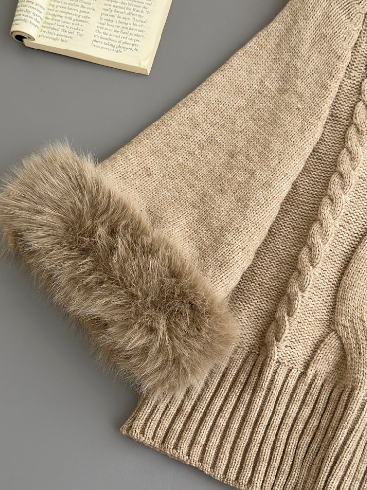 Faux Fox Fur Cuff Turtleneck Wool-Blend Cable Knit Sweater