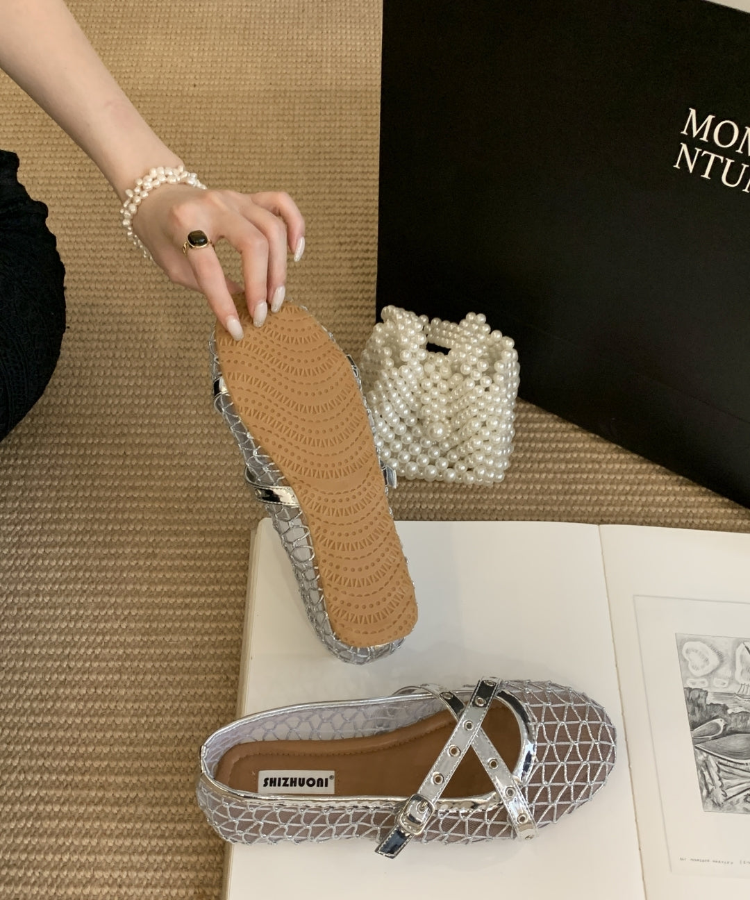 Fishnet Mesh Mary Jane Flats with Double Strap