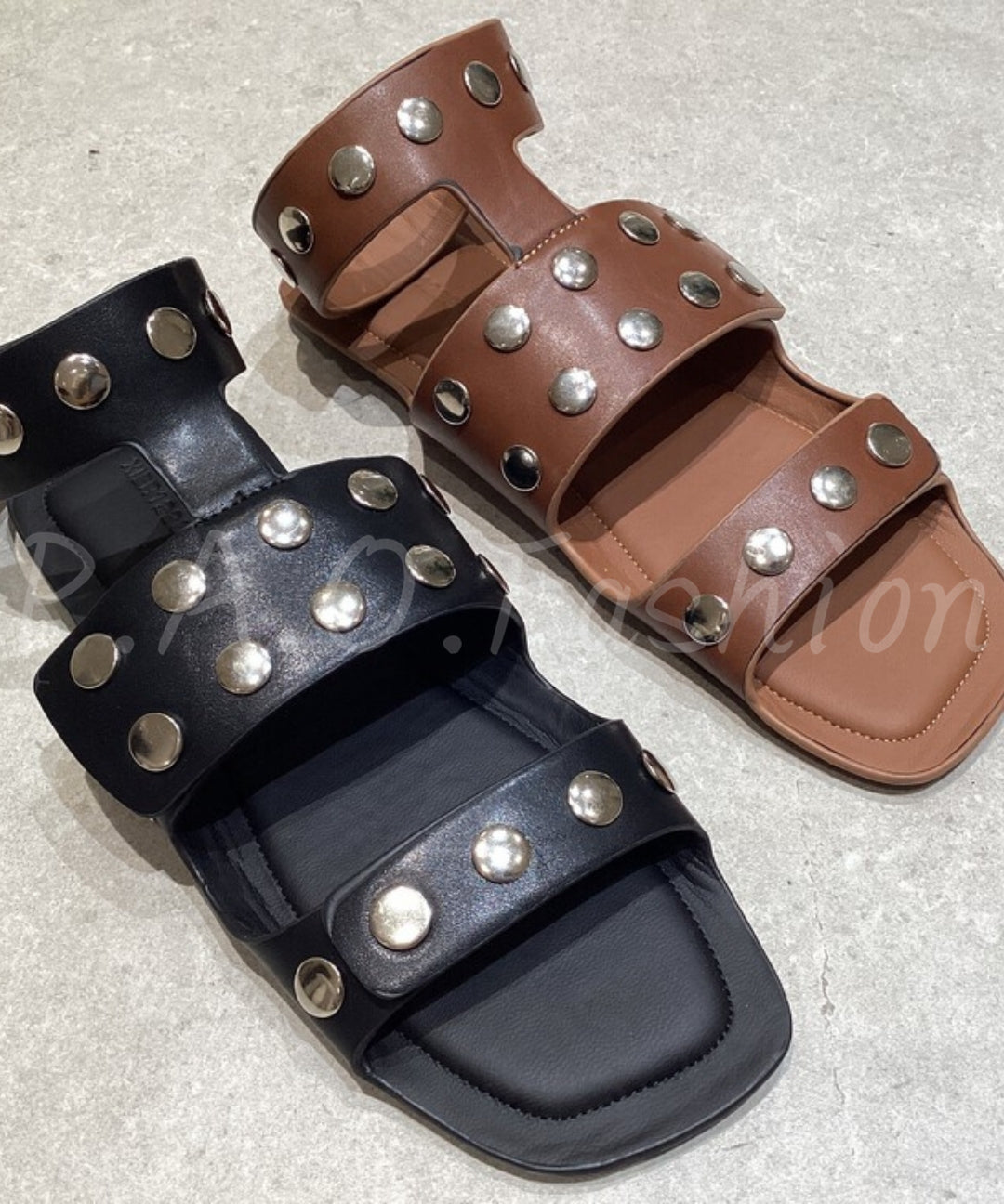 Studded Square Toe Flat Sandals