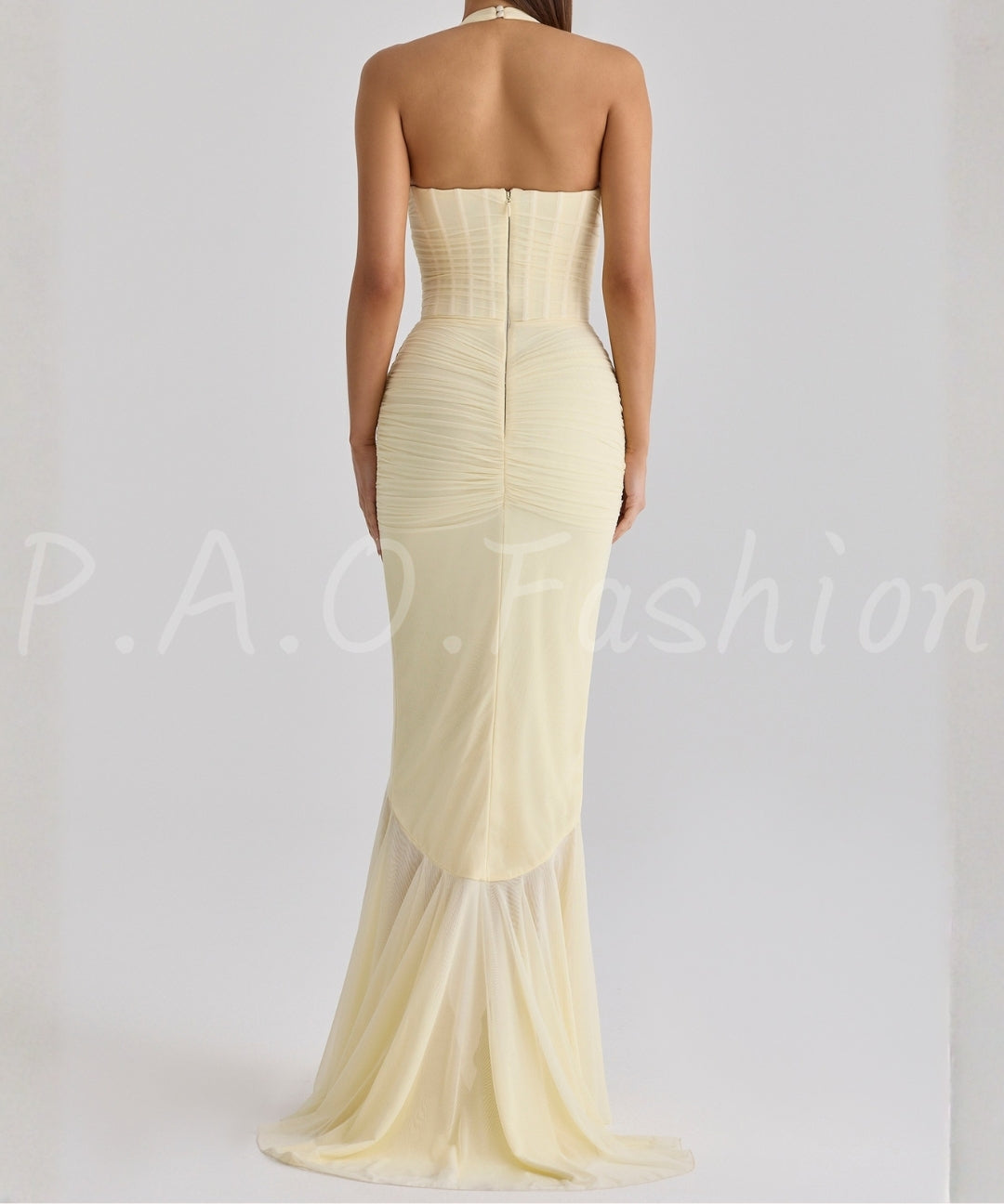 Halter Mesh Ruched Slit Maxi Dress[Available Now]
