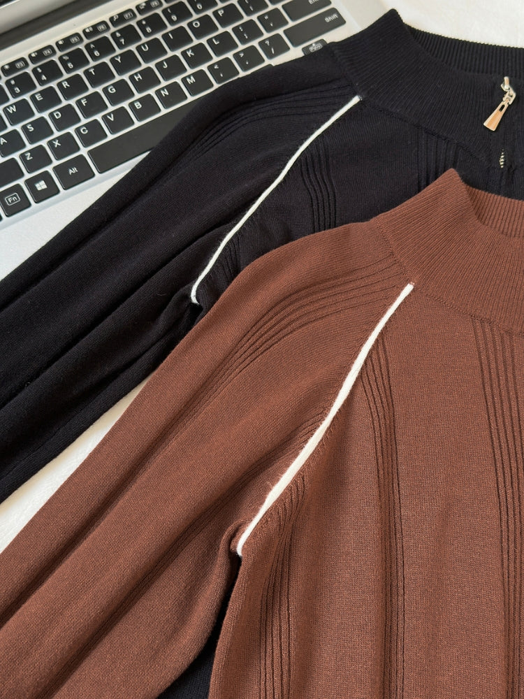 Vintage Contrast-Trim Zip Knit Cardigan