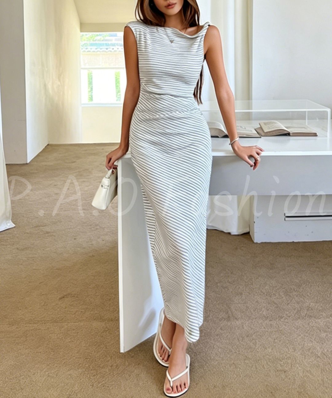 One-Shoulder Ribbed Stripe Maxi Dress