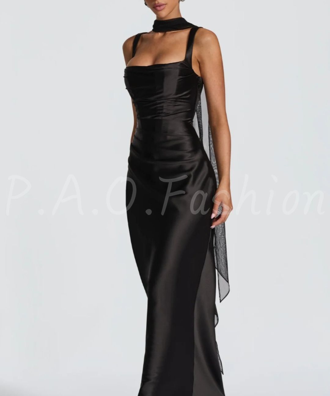 Satin Mermaid Maxi Gown with Halter Scarf
