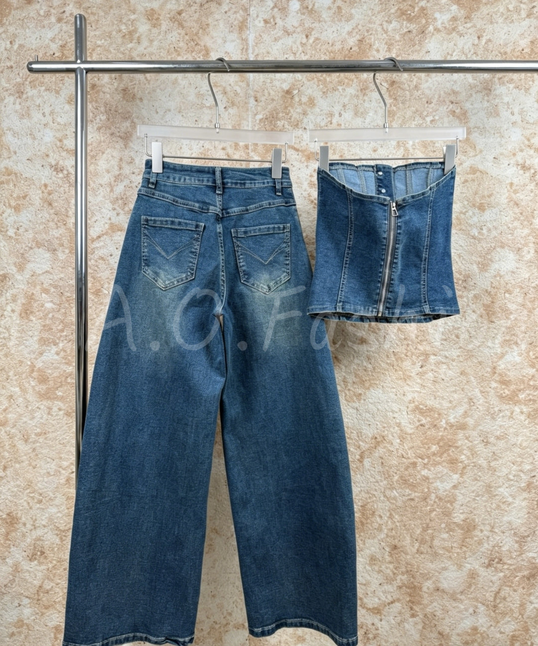 Denim Bandeau Top & Wide-Leg Pants Set[Available Now]