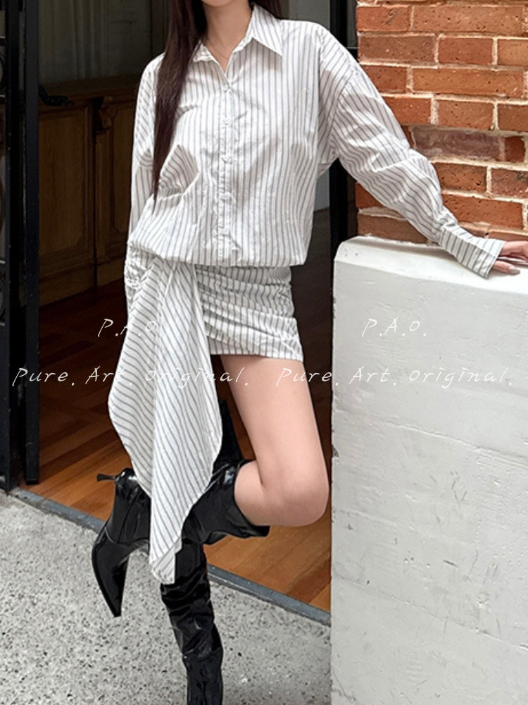 Asymmetric Pinstripe Shirt Dress