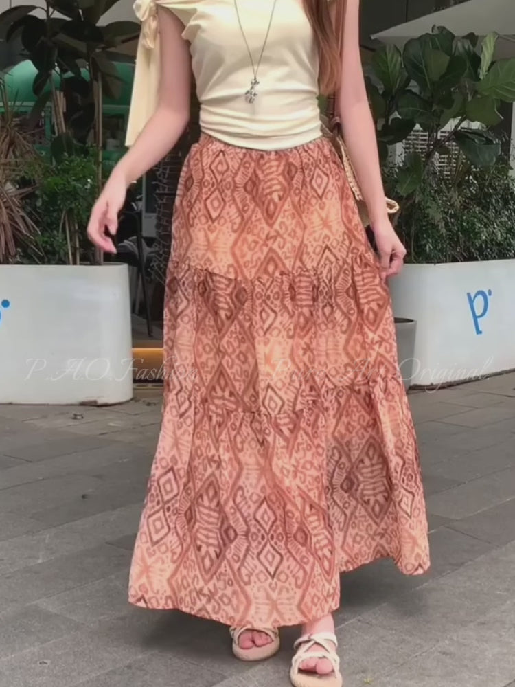 Boho Printed Tiered Maxi Skirt